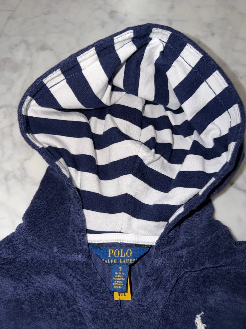 NWT Polo by Ralph Lauren Navy Hooded Terry with Striped Hood Lining 3Y